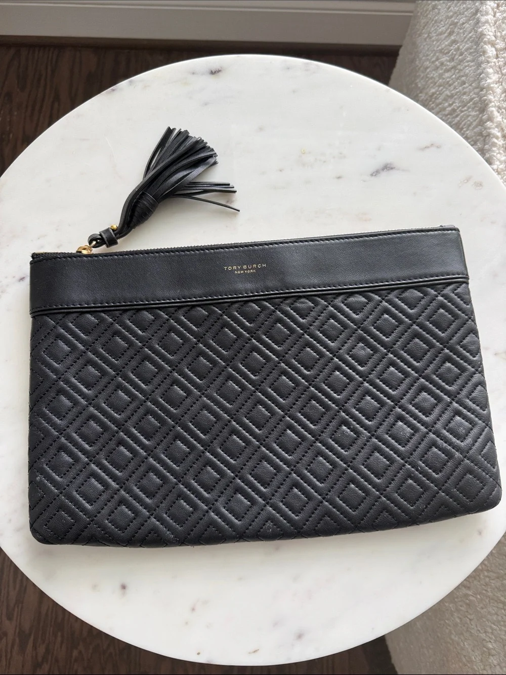 Tory Burch Black Quilted Leather Tassel Zip Clutch